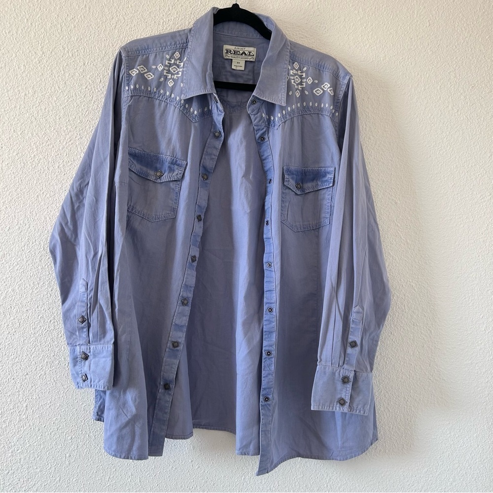 ARIAT REAL Women’s Embroidered Southwestern Button Up 2X NWT Blue Western Rodeo